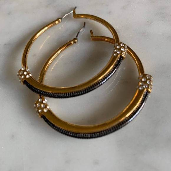 Sparkly 1 3/4 inch hoops in gold-tone with black metal & crystals. - Picture 3 of 9
